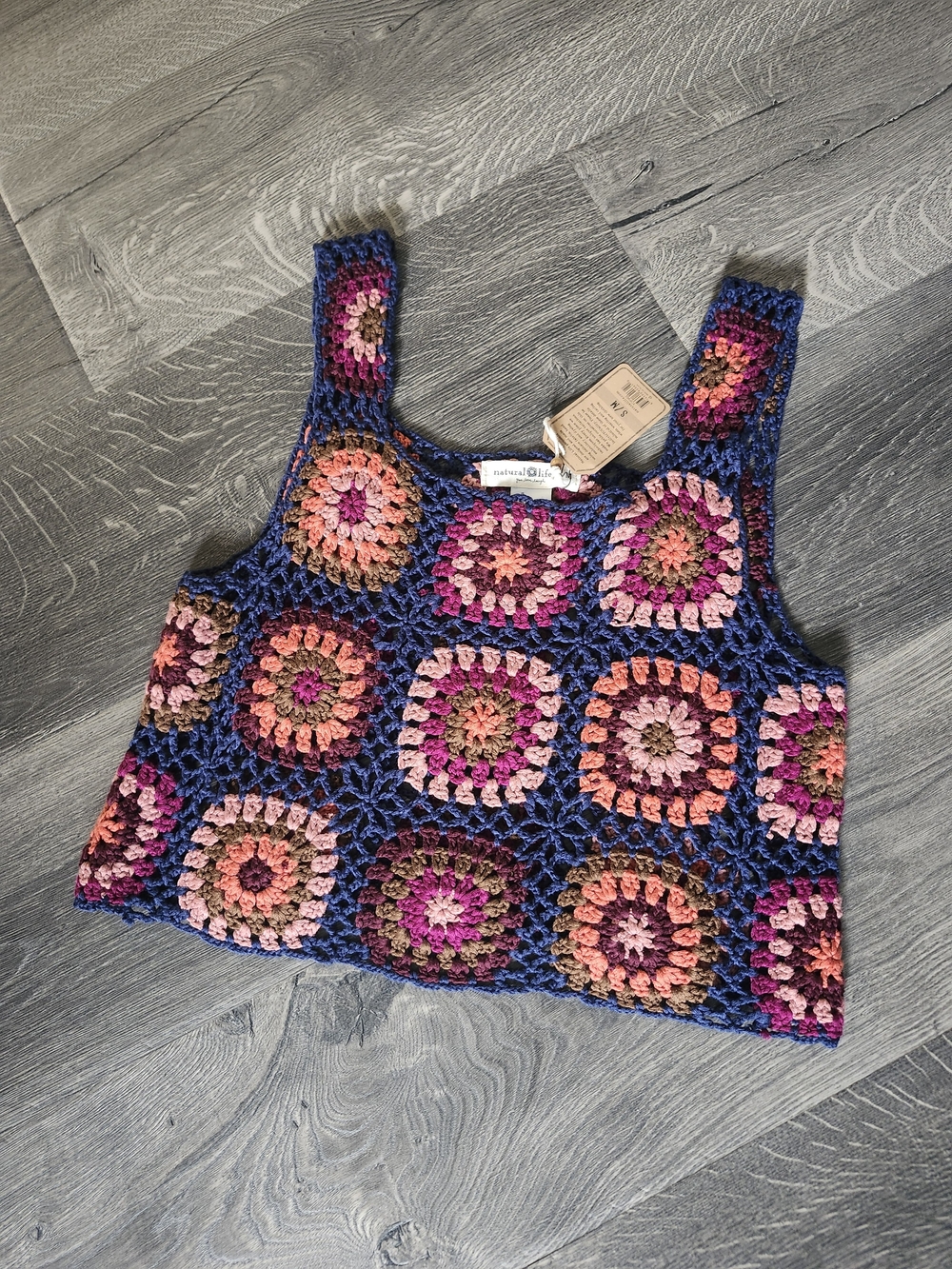 NATURAL LIFE Multicolor Crochet Square Tank Top with Blue Base